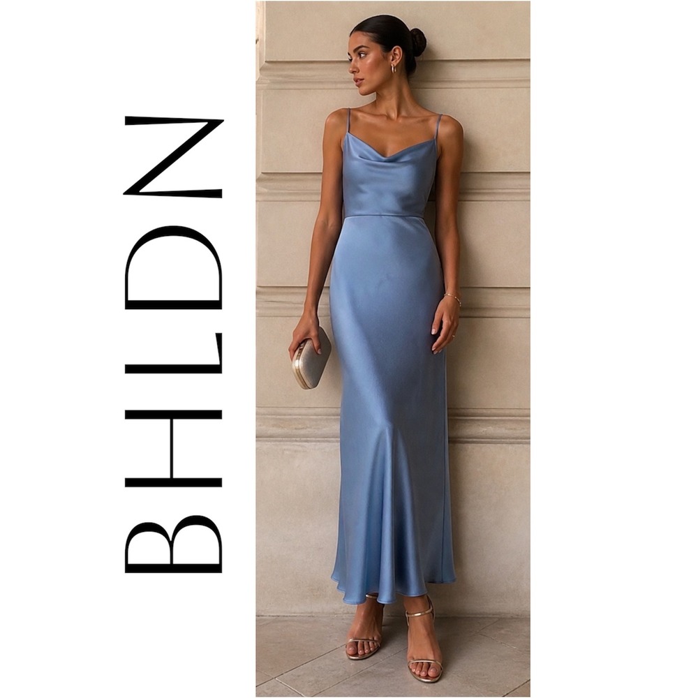 BHLDN Cali Satin Slip Dress Dusty Blue Cowl Neck Maxi Size 4 Formal Wedding